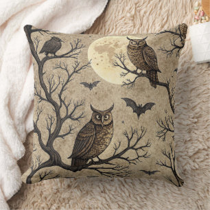 Vintage Halloween Owls & Moon Cushion