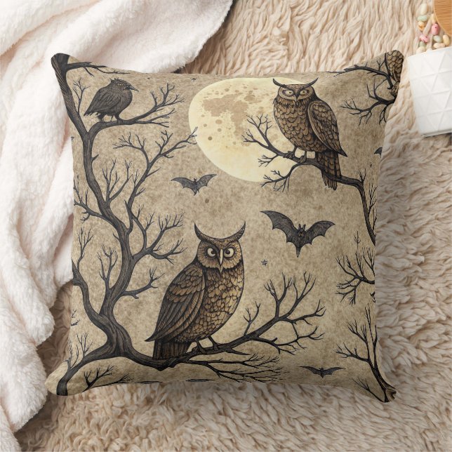 Vintage Halloween Owls & Moon Cushion (Blanket)