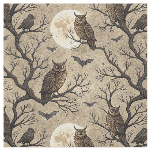 Vintage Halloween Owls & Moon Fabric (Close Up)