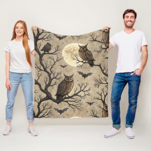 Vintage Halloween Owls & Moon Fleece Blanket