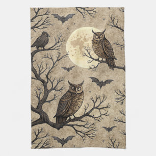 Vintage Halloween Owls & Moon Tea Towel