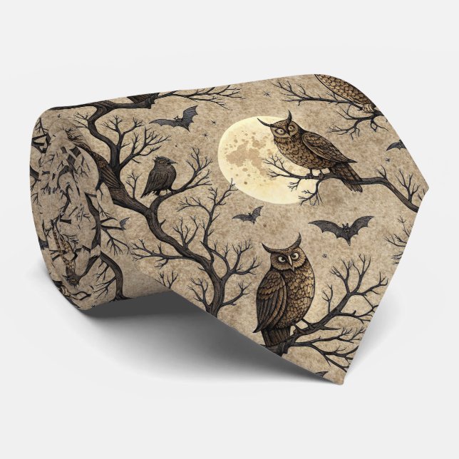 Vintage Halloween Owls & Moon Tie (Rolled)