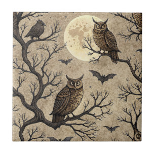 Vintage Halloween Owls & Moon Tile