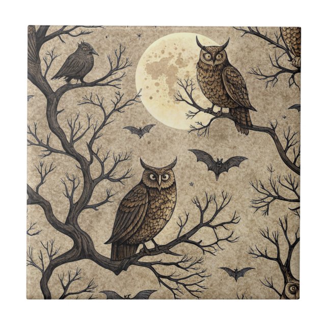 Vintage Halloween Owls & Moon Tile (Front)