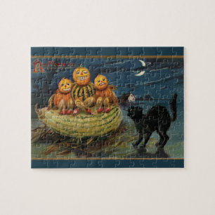 Vintage Halloween Party Black Cat Jigsaw Puzzle