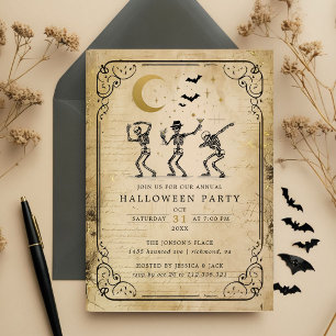 Vintage Halloween Party Invitation Dancing Skele