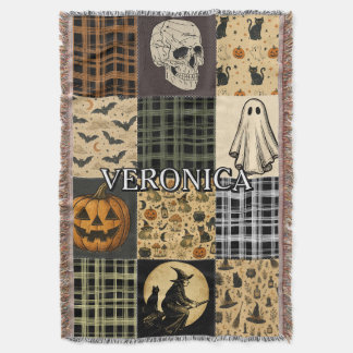 Vintage Halloween Patchwork Fall Custom Name Woven Throw Blanket