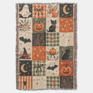 Vintage Halloween Patchwork Ghost & Cat Blanket