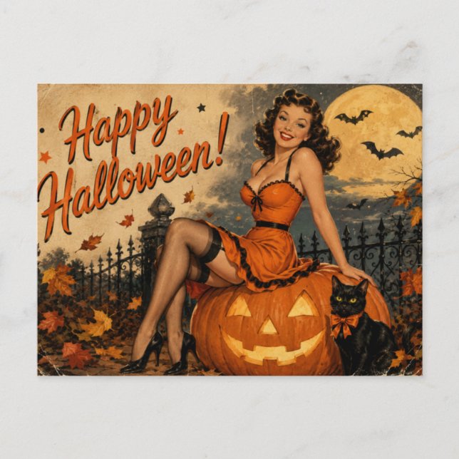 Vintage Halloween Pin Up Postcard  (Front)