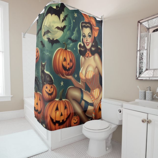 Vintage Halloween Pin Up Shower Curtain (In Situ)
