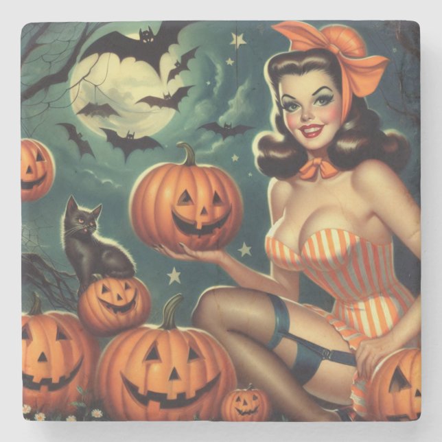 Vintage Halloween Pin Up Stone Coaster (Front)