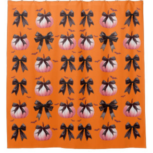 Vintage Halloween Pink Pumpkin Black Bow Orange Shower Curtain