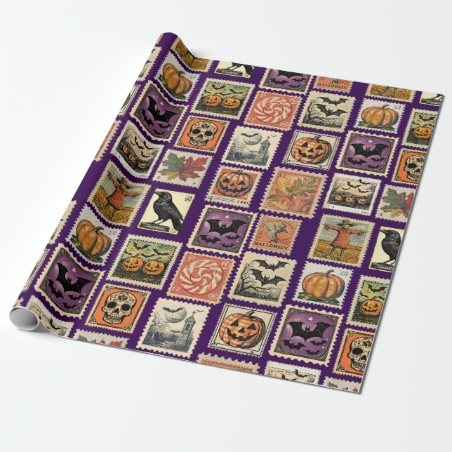 Vintage Halloween Postage Stamps Wrapping Paper (Unrolled)
