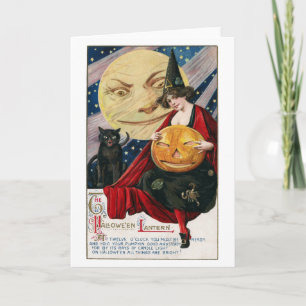 Vintage Halloween Pretty Witch, Moon and Black Cat Card