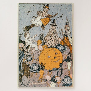Vintage Halloween Pumpkin and Witches with brooms Jigsaw Puzzle
