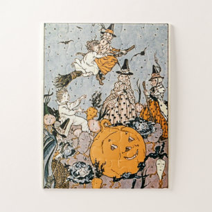 Vintage Halloween Pumpkin and Witches with brooms Jigsaw Puzzle