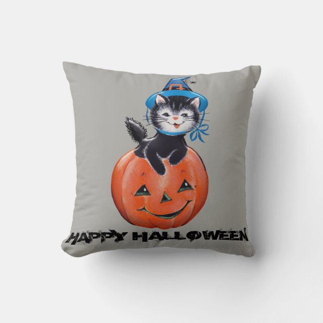 Vintage Halloween Pumpkin Cat with Witch Hat  Cushion (Front)