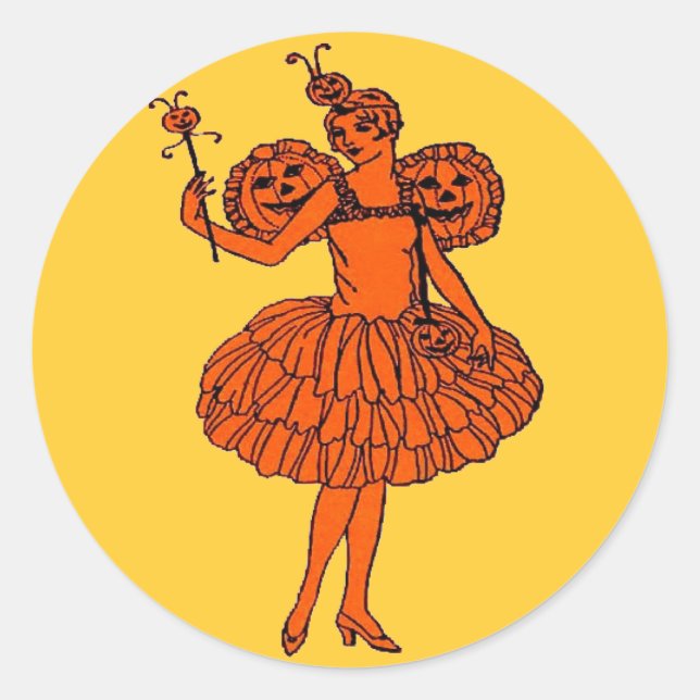 Vintage Halloween Pumpkin Fairy Classic Round Sticker (Front)
