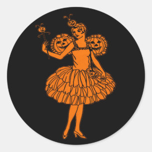 Vintage Halloween Pumpkin Fairy Illustration Classic Round Sticker