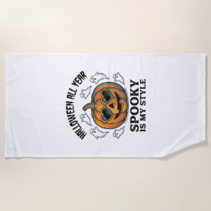 Vintage Halloween Pumpkin Ghost Engraving Shirt_1 Beach Towel