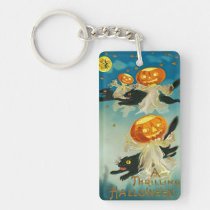 Vintage Halloween Pumpkin Ghosts and Black Cats Key Ring