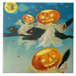 Vintage Halloween Pumpkin Ghosts and Black Cats Tile