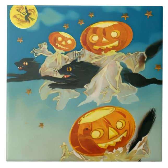 Vintage Halloween Pumpkin Ghosts and Black Cats Tile (Front)