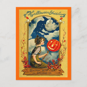 Vintage Halloween, Pumpkin, Girl, Cute Postcard