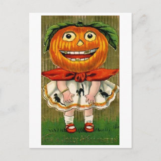 Vintage Halloween Pumpkin Head Girl Postcard