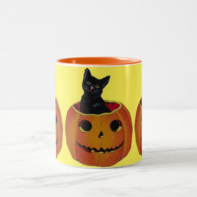 Vintage Halloween Pumpkin Kitty Two-Tone Coffee Mug (Center)