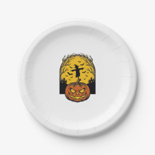 Vintage Halloween Pumpkin Moon Scarecrow Art_1 Paper Plate