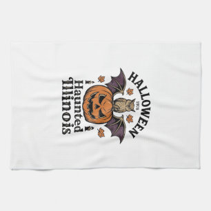 Vintage Halloween Pumpkin Owl Illinois Shirt Desig Tea Towel