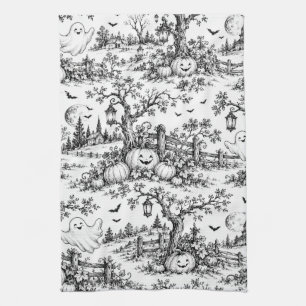 Vintage Halloween Pumpkin Patch Toile Fun Pattern Tea Towel