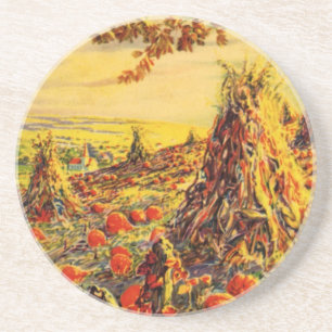 Vintage Halloween Pumpkin Patch with Haystacks Coaster