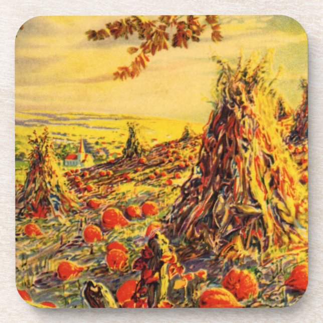 Vintage Halloween Pumpkin Patch with Haystacks Coaster (Front)