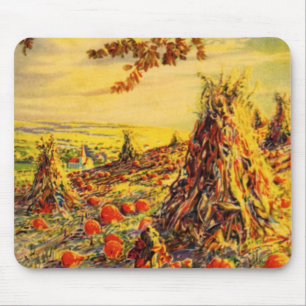 Vintage Halloween Pumpkin Patch with Haystacks Mouse Pad