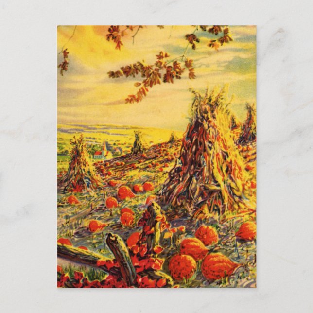 Vintage Halloween Pumpkin Patch with Haystacks Postcard (Front)