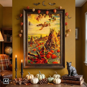 Vintage Halloween Pumpkin Patch with Haystacks Poster