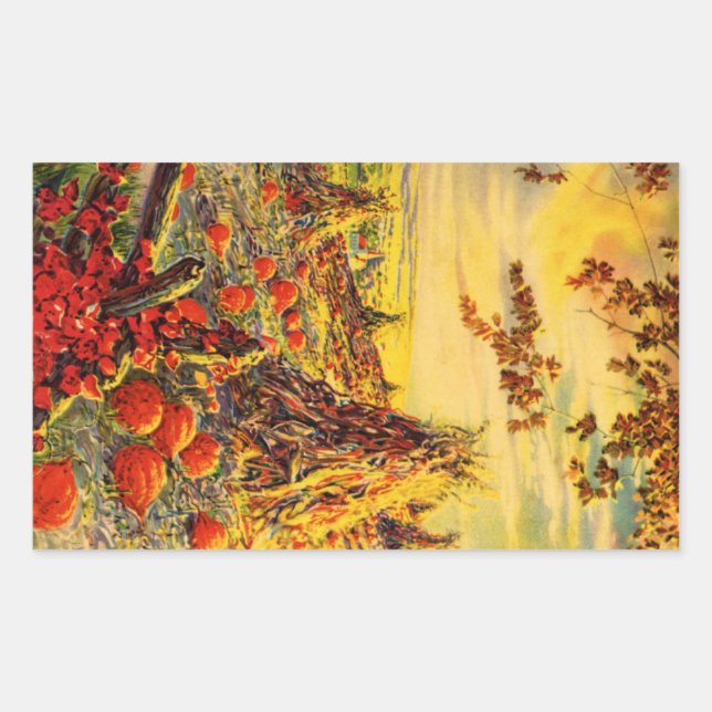 Vintage Halloween Pumpkin Patch with Haystacks Rectangular Sticker (Front)