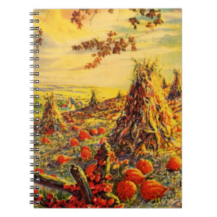 Vintage Halloween Pumpkin Patch with Haystacks Spiral Notebook