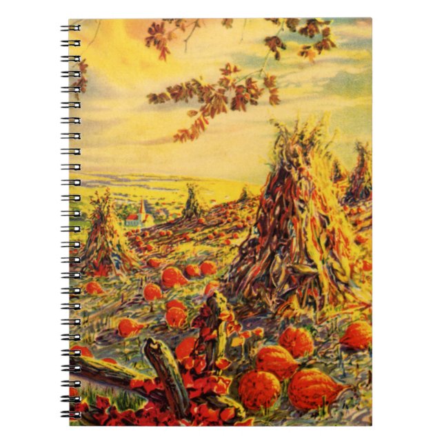 Vintage Halloween Pumpkin Patch with Haystacks Spiral Notebook (Front)