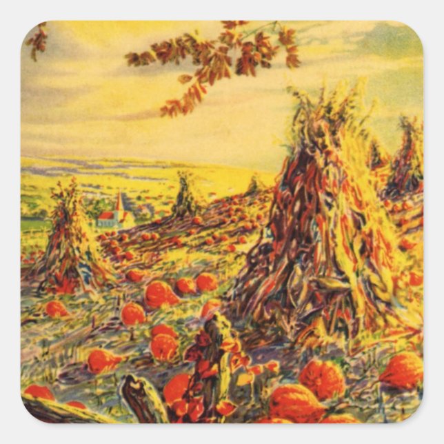 Vintage Halloween Pumpkin Patch with Haystacks Square Sticker (Front)