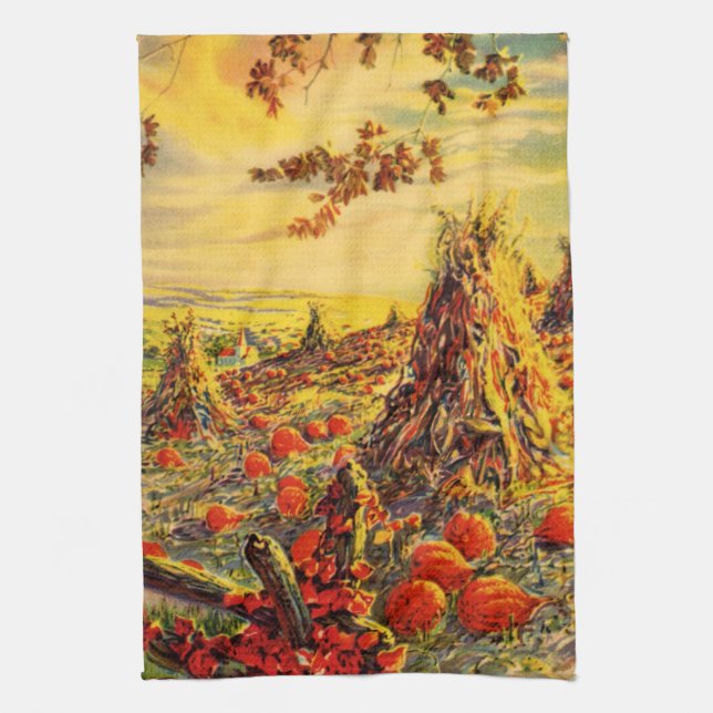 Vintage Halloween Pumpkin Patch with Haystacks Tea Towel (Vertical)