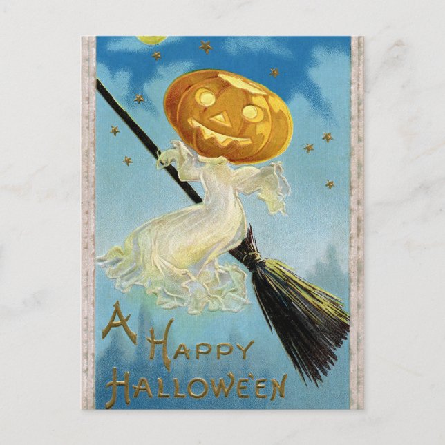 Vintage Halloween pumpkin witch broom postcard (Front)