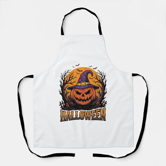 Vintage Halloween Pumpkin Witch Hat Graphic_1 Apron (Front)