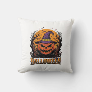 Vintage Halloween Pumpkin Witch Hat Graphic_1 Cushion