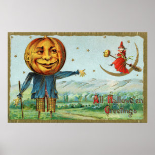 Vintage Halloween pumpkin witch party decor poster