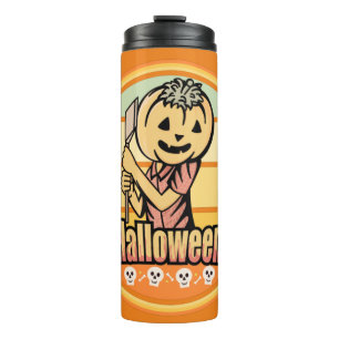 VINTAGE HALLOWEEN PUMPKIN WITH AXE AND SKULL THERMAL TUMBLER