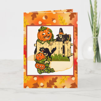 Vintage Halloween Pumpkins and Witch Card