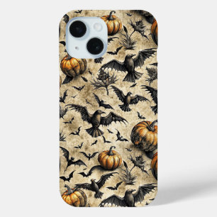 Vintage Halloween Pumpkins Bats Crows Autumn iPhone 15 Case